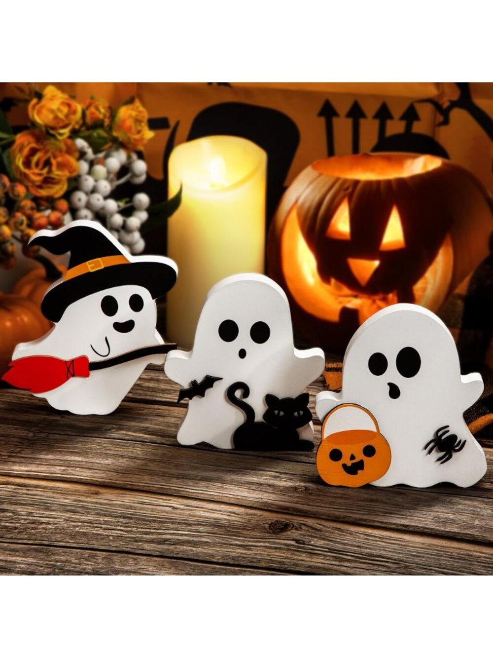 Cute Ghost Halloween Decorations Indoor Wooden Tiered Tray Decor Table Sign